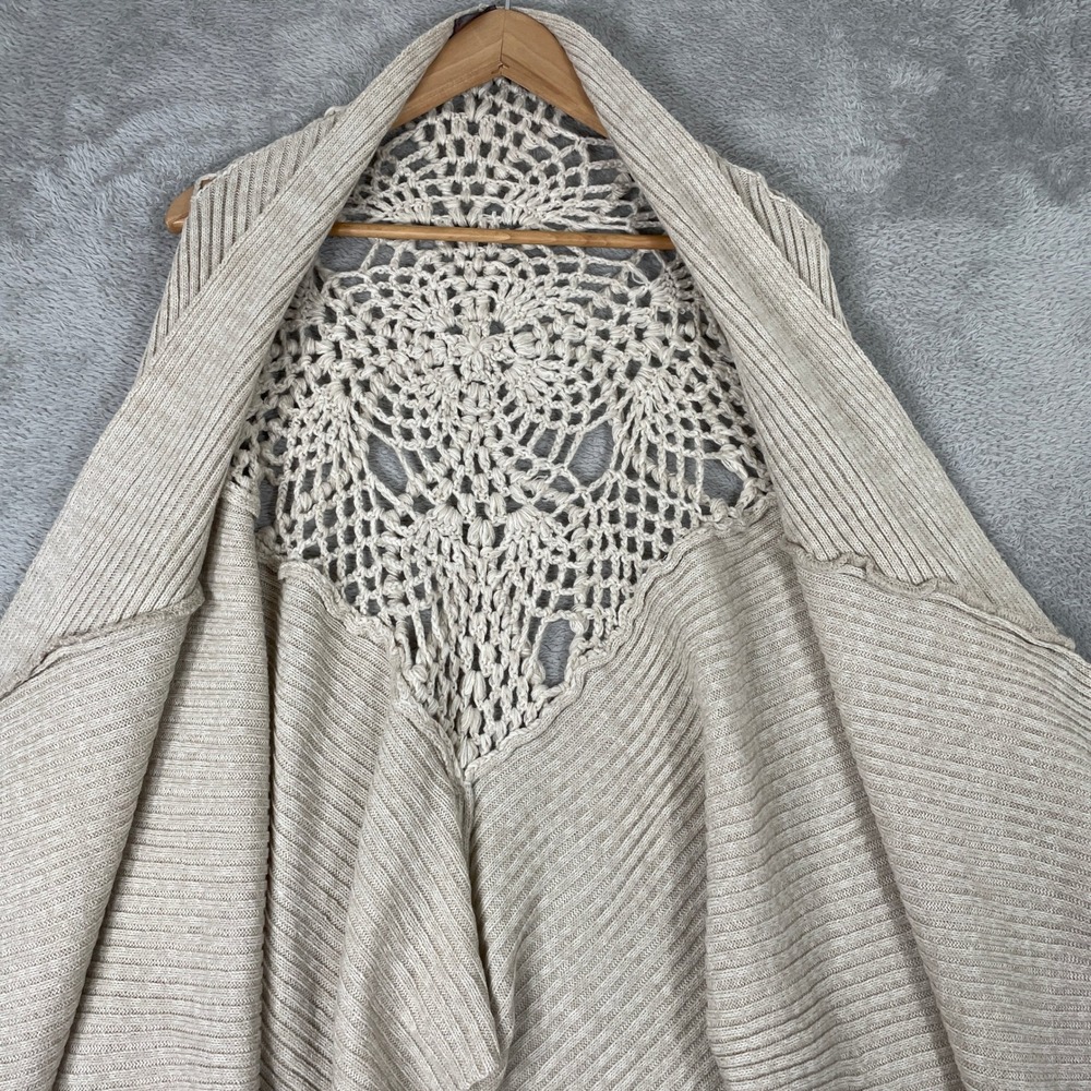 Free People Cardigan Womens One Size Beige Crochet Back Ribbed Knit Shawl Wrap - Picture 2 of 7